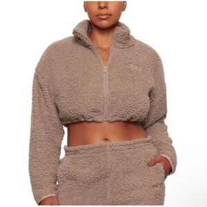 SKIMS Brown Sherpa Cropped Teddy Zip Up Jacket